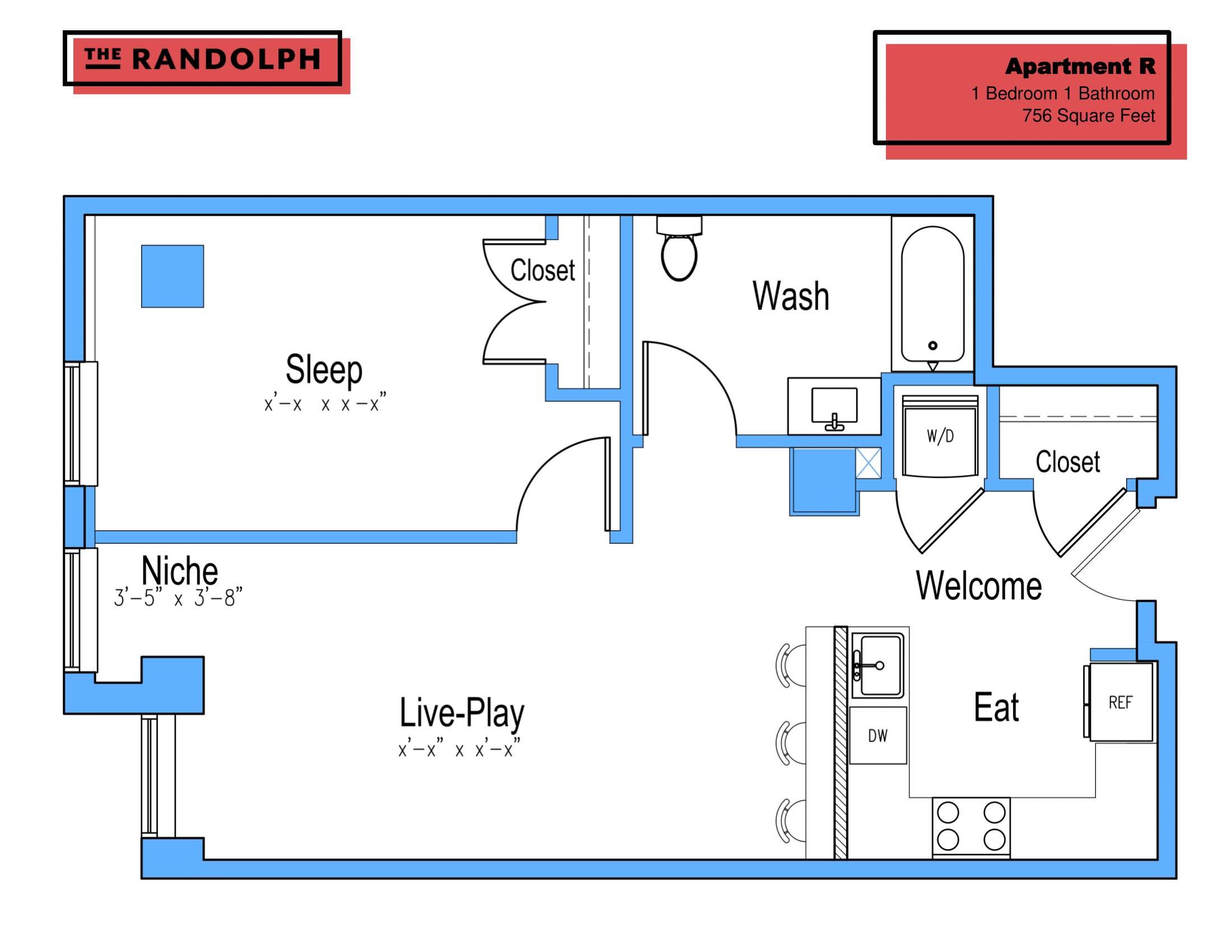 Floor plan for 1 bed, 1 bath, 858 sqft